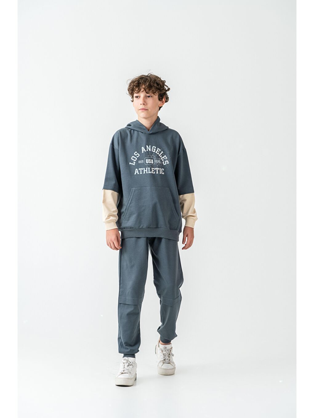 Gri Los Angels Athletic Baskılı Kapüşonlu Kanguru Cepli Erkek Çocuk Alt Üst Eşofman Takımı-3