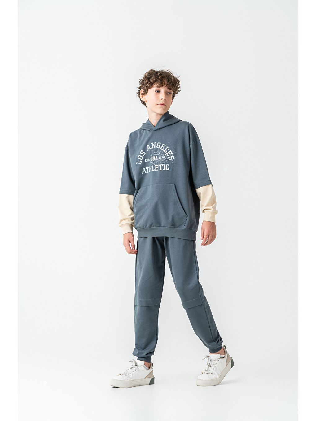 Gri Los Angels Athletic Baskılı Kapüşonlu Kanguru Cepli Erkek Çocuk Alt Üst Eşofman Takımı-4