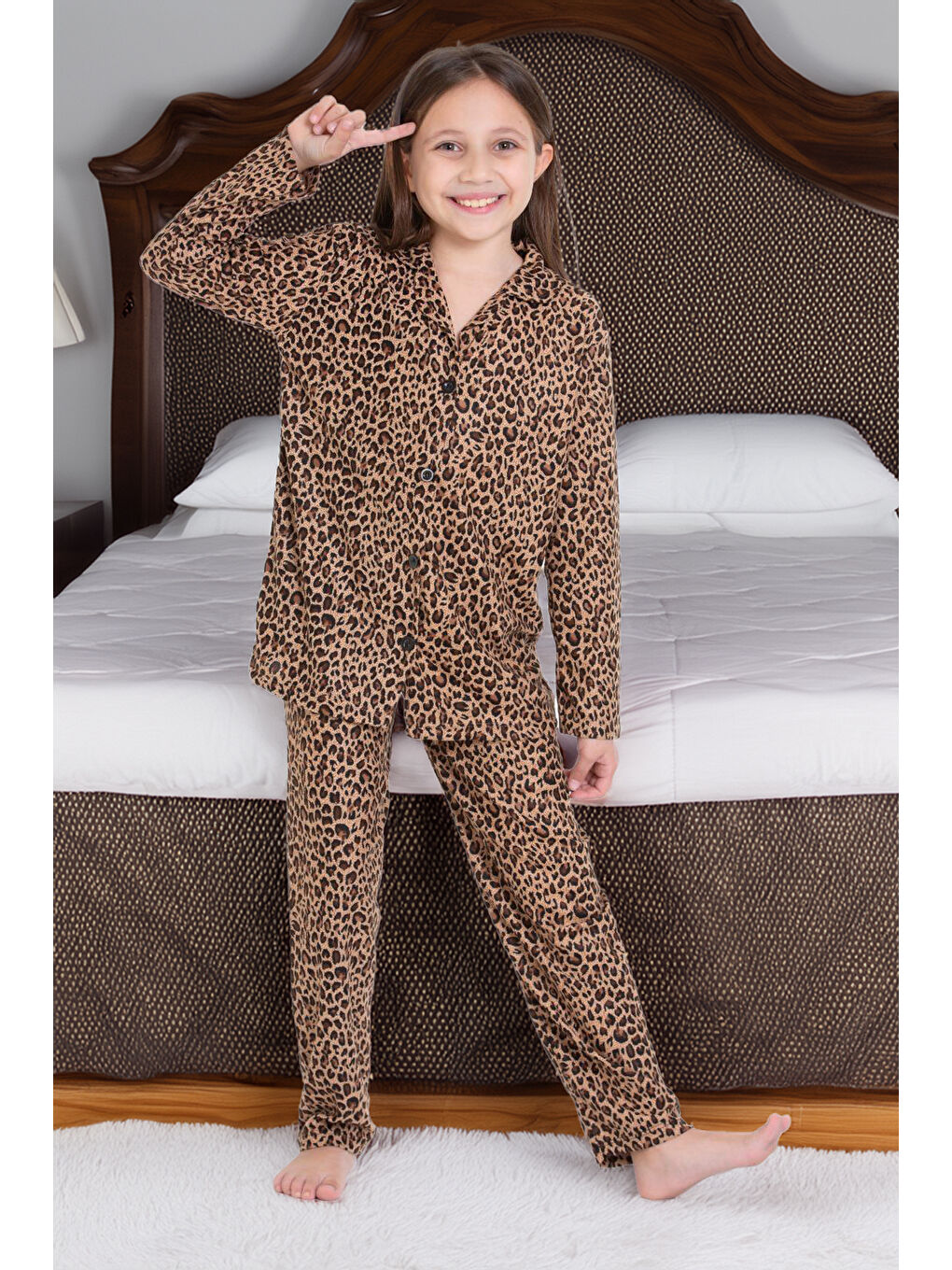 Kahverengi Kız Çocuk Rotasyon Desenli Pijama Takımı 12166-1