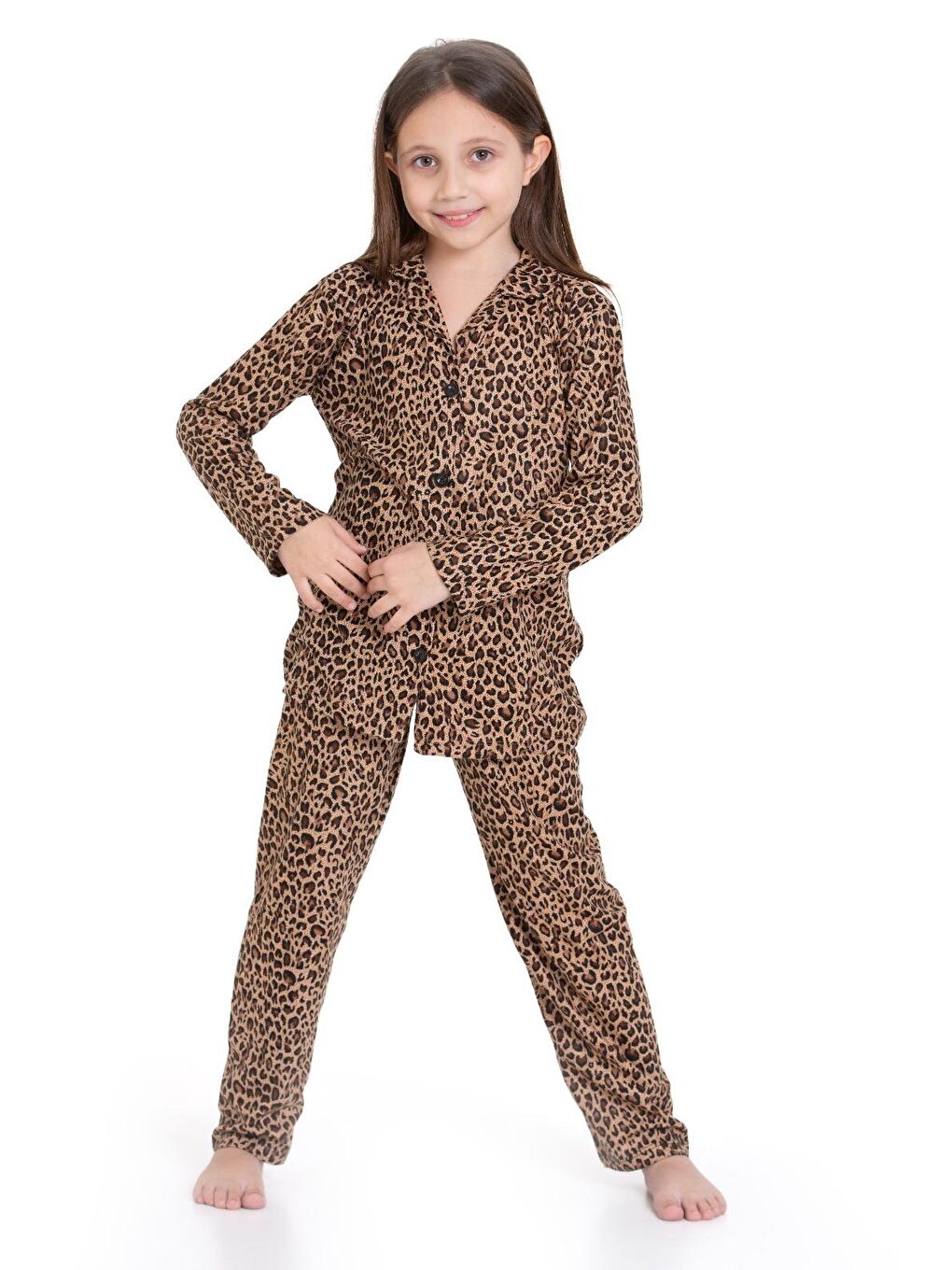 Kahverengi Kız Çocuk Rotasyon Desenli Pijama Takımı 12166-2
