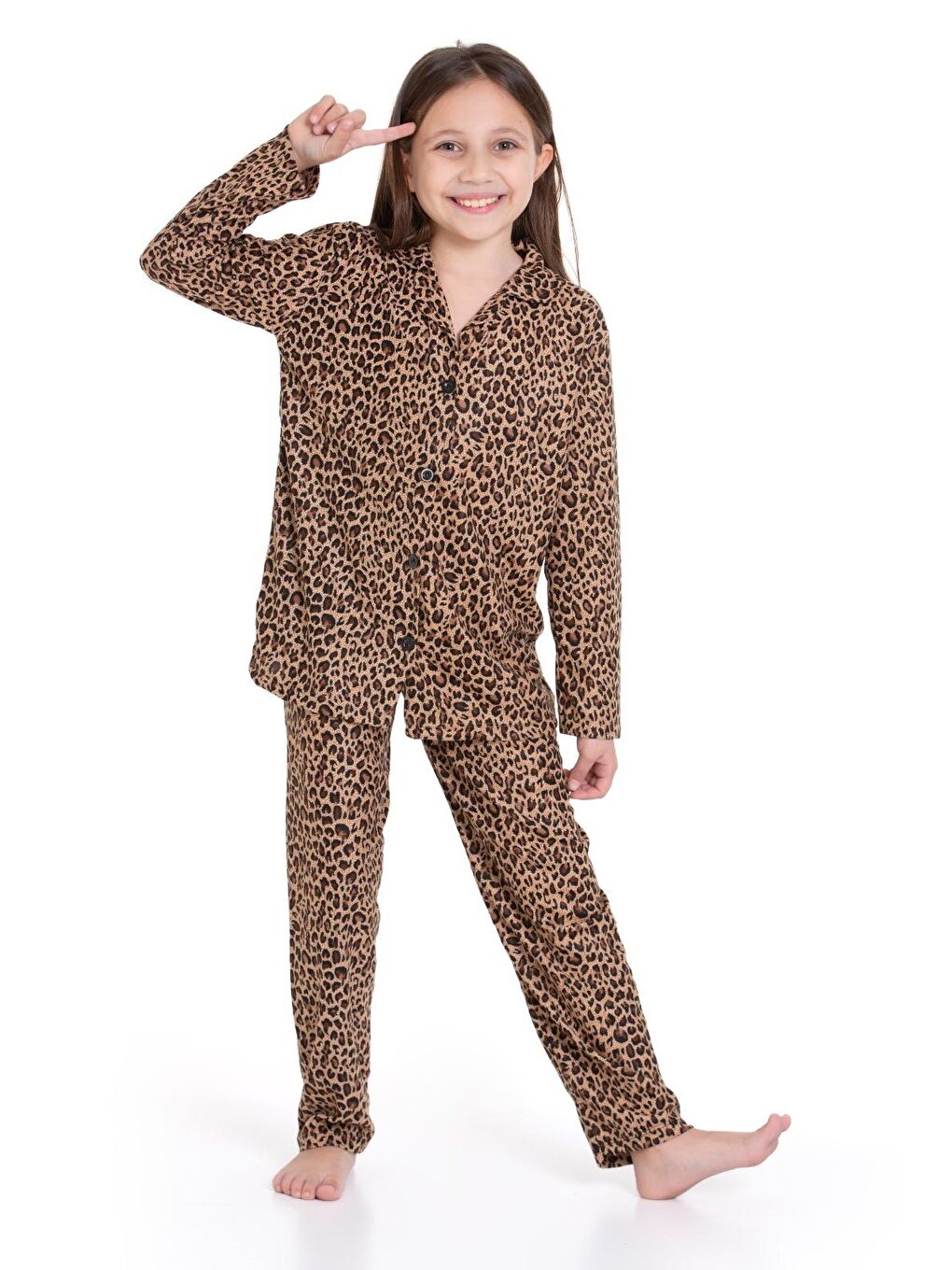 Kahverengi Kız Çocuk Rotasyon Desenli Pijama Takımı 12166-3