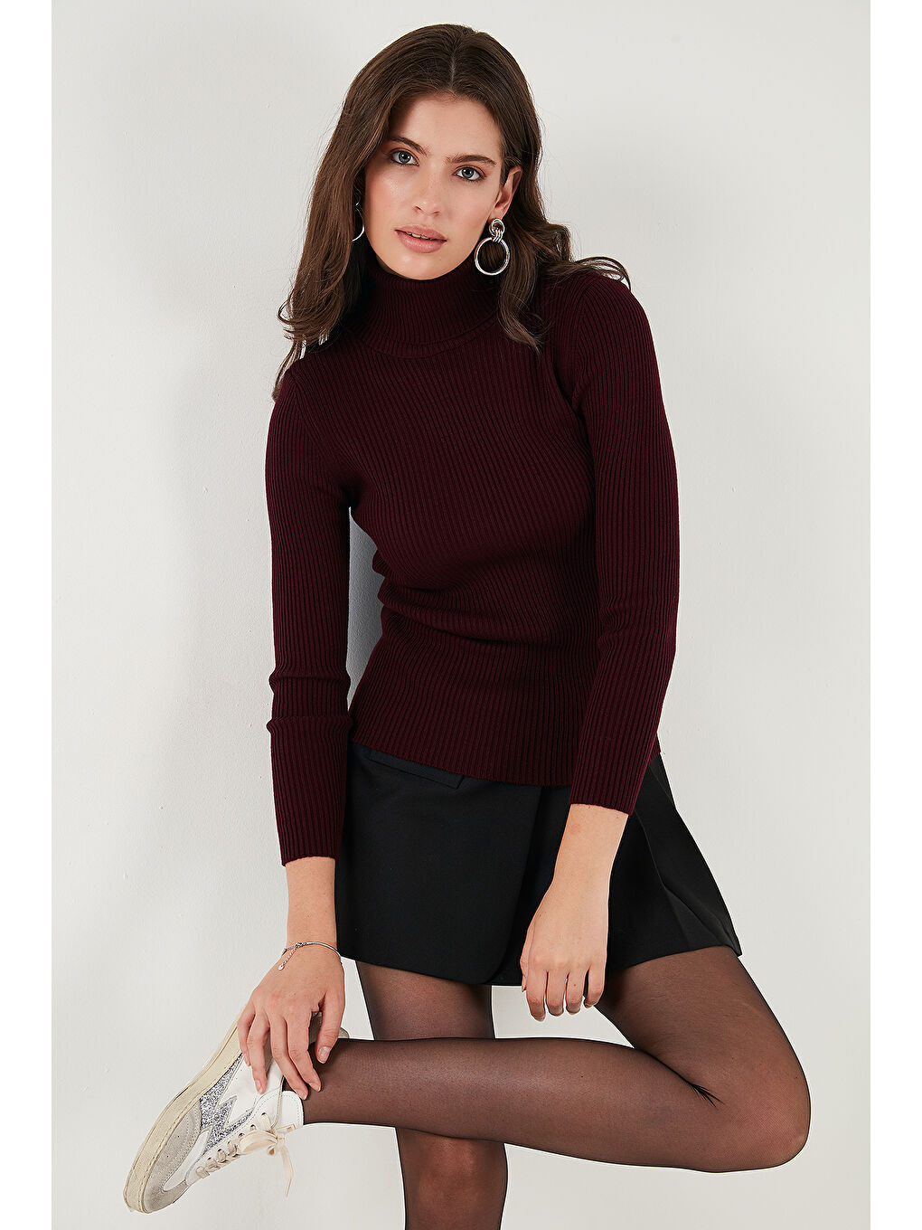 Bordo Fitilli Regular Fit Balıkçı Yaka Soft Akrilik Kadın Kazak 4614102-4