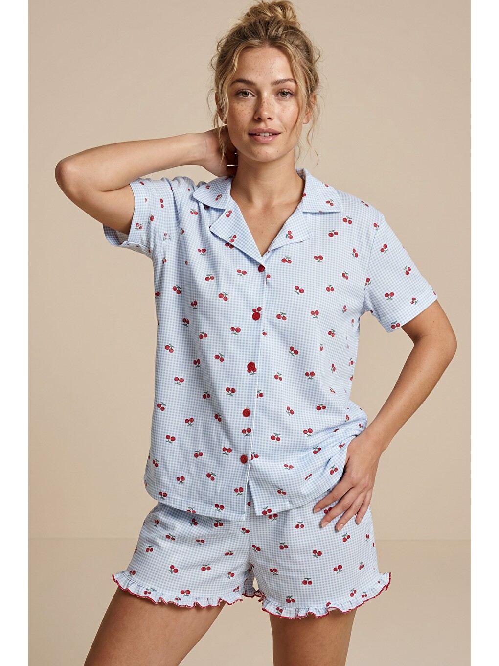 Mavi İnce Soft Örme Mevsimlik Düğmeli Şortlu Pijama Takımı 8044