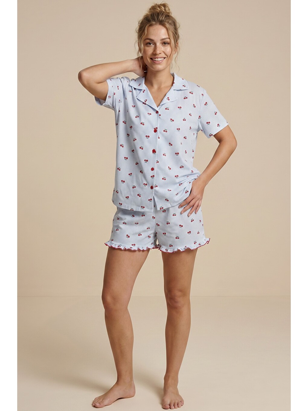 Mavi İnce Soft Örme Mevsimlik Düğmeli Şortlu Pijama Takımı 8044-1