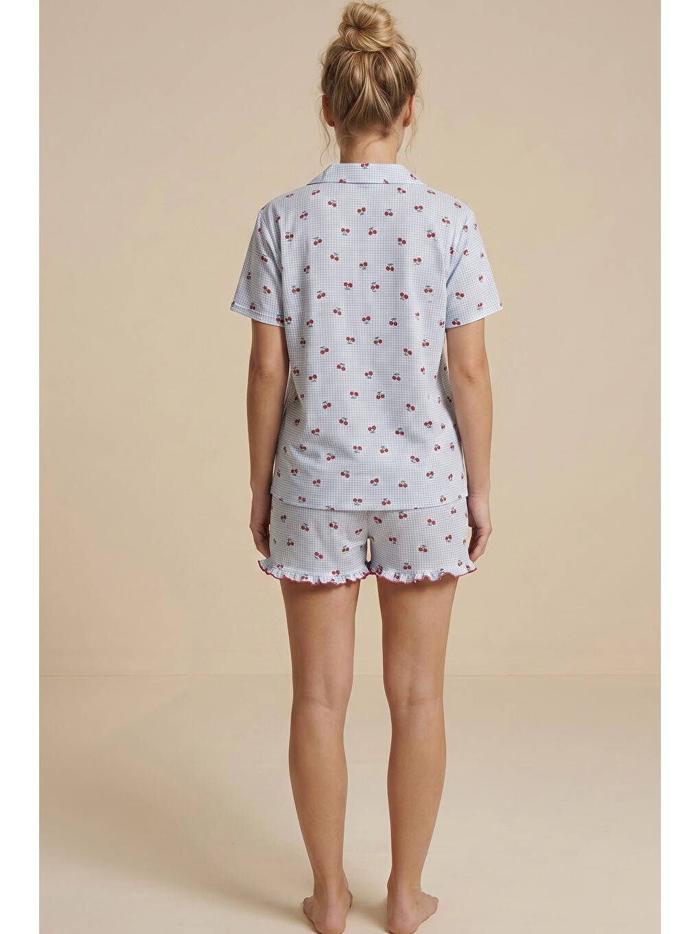 Mavi İnce Soft Örme Mevsimlik Düğmeli Şortlu Pijama Takımı 8044-2