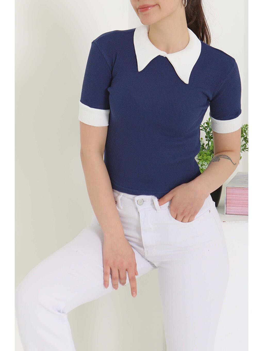 Yaka Garnili Crop Lacivert - 27139-3