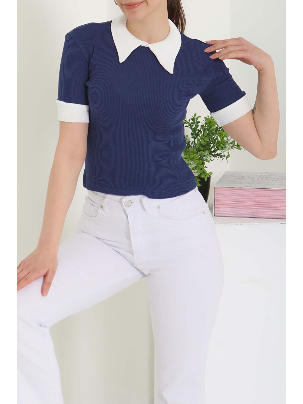 Yaka Garnili Crop Lacivert - 27139-4