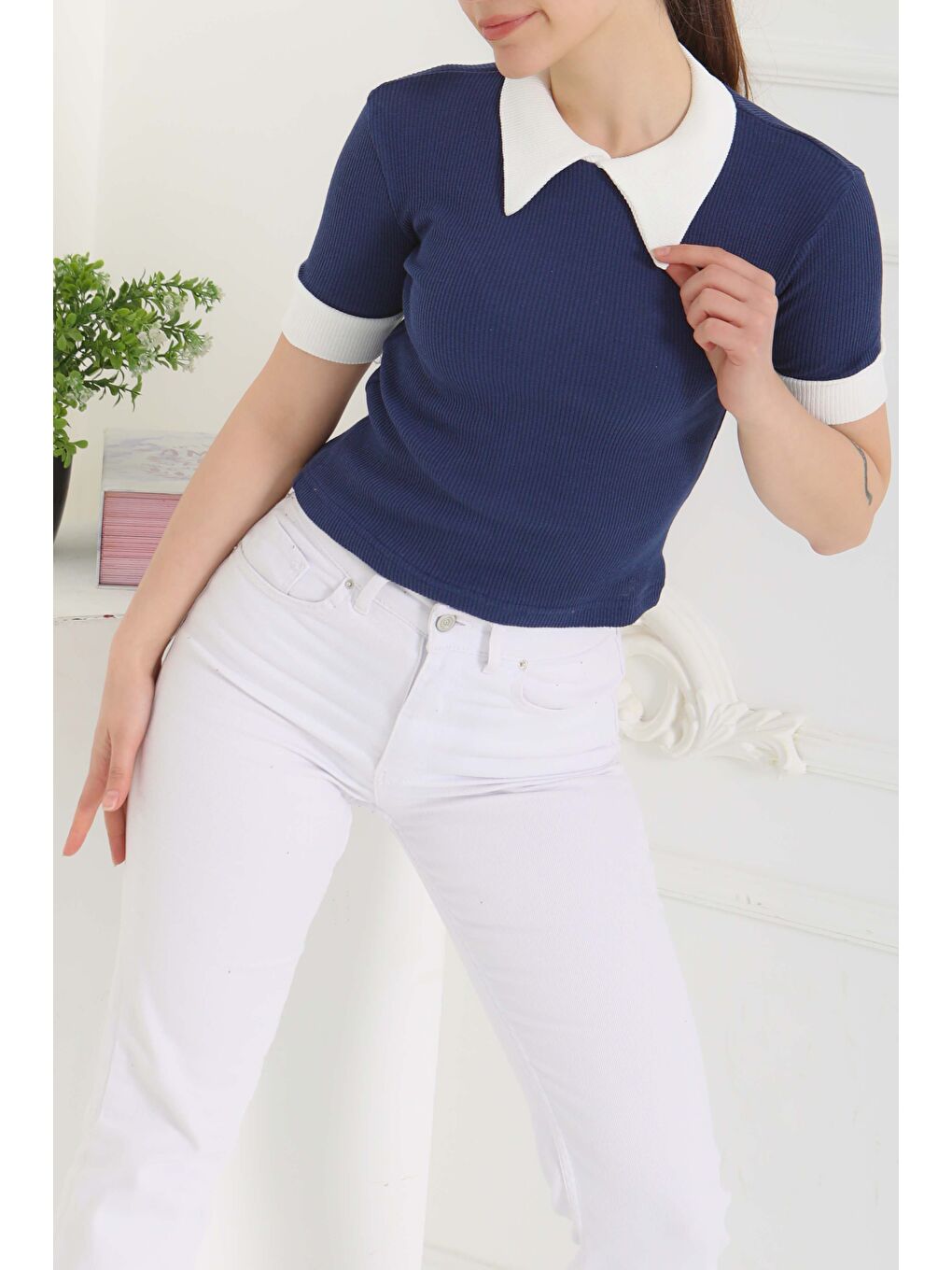 Yaka Garnili Crop Lacivert - 27139-5