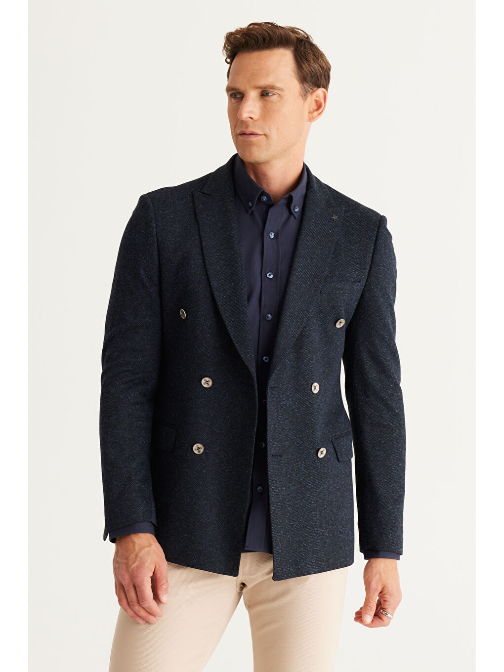 Erkek Lacivert Slim Fit Dar Kesim Kırlangıç Yaka Desenli Ceket