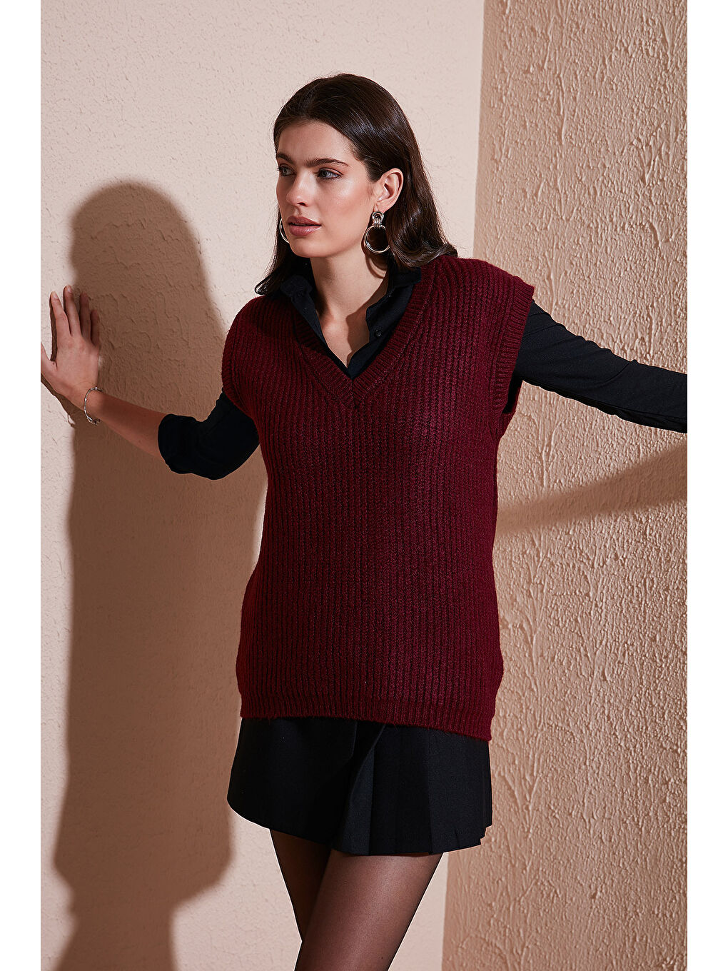 Bordo V Yaka Örme Triko Kadın Süveter 4616105Y