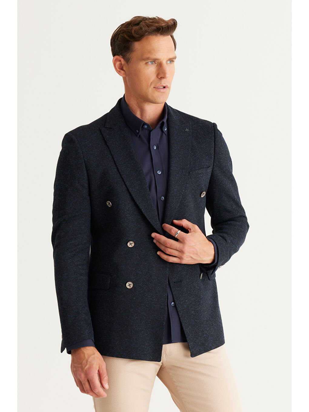 Erkek Lacivert Slim Fit Dar Kesim Kırlangıç Yaka Desenli Ceket-2