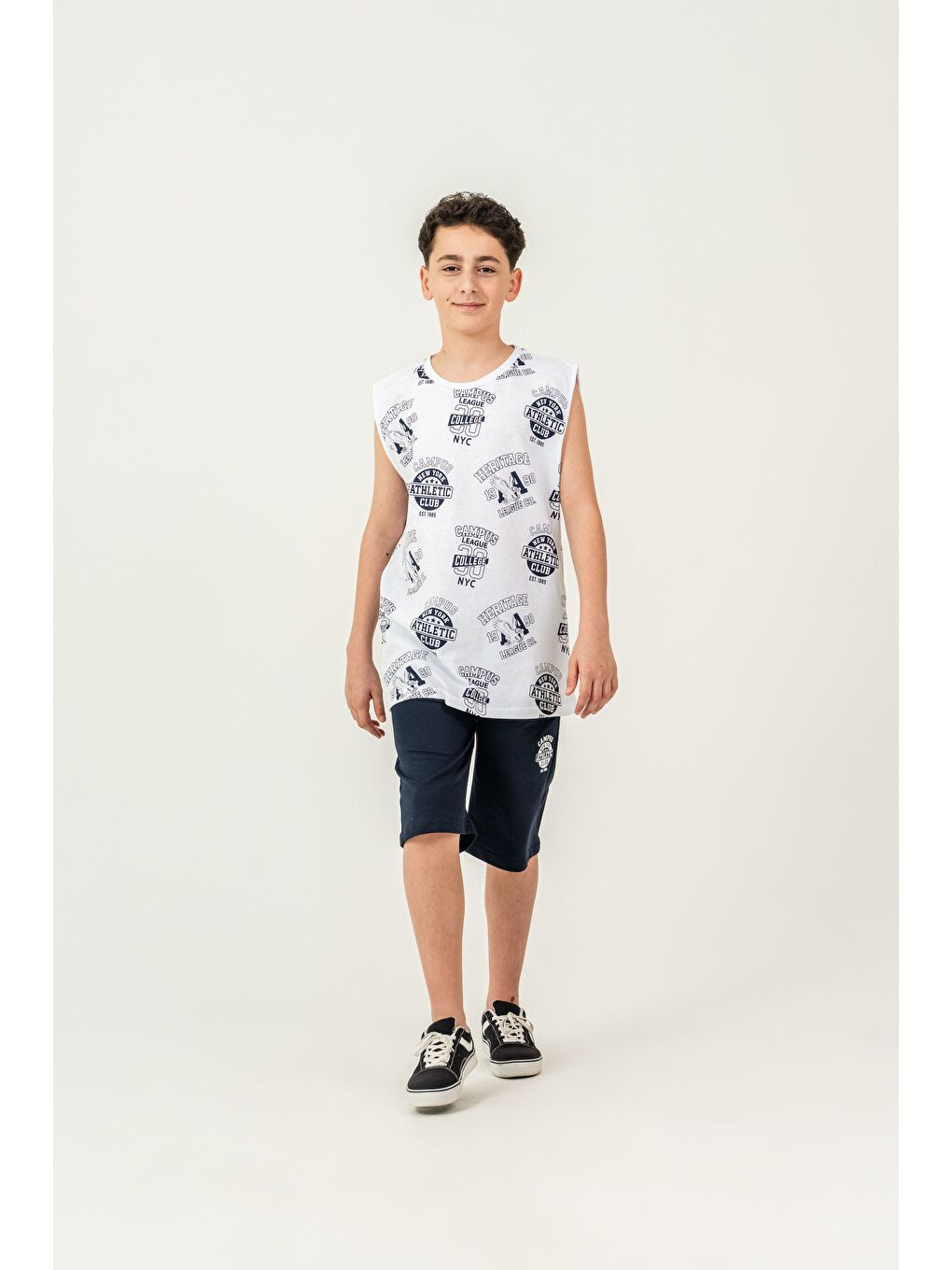 Lacivert Üst Atlet Tüm Alan Baskılı Alt Kapri Sol Bacak Baskılı Erkek Çocuk Şort - Atlet Takımı