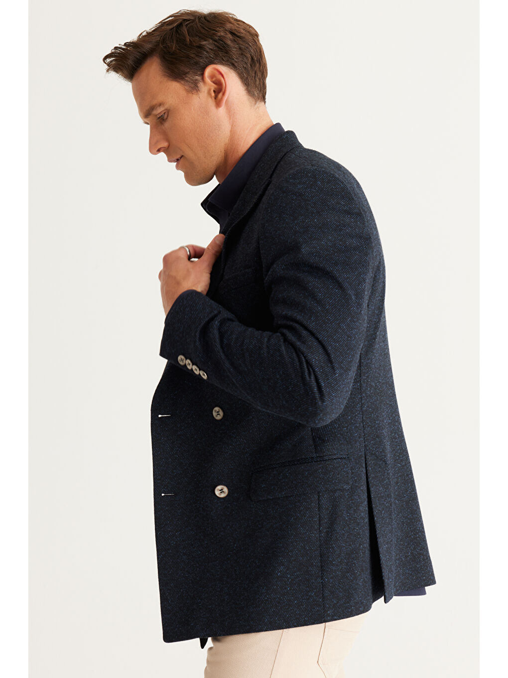 Erkek Lacivert Slim Fit Dar Kesim Kırlangıç Yaka Desenli Ceket-3