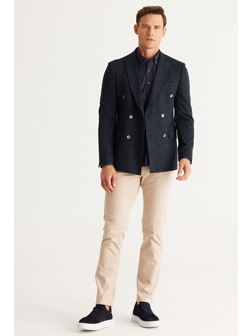 Erkek Lacivert Slim Fit Dar Kesim Kırlangıç Yaka Desenli Ceket-4