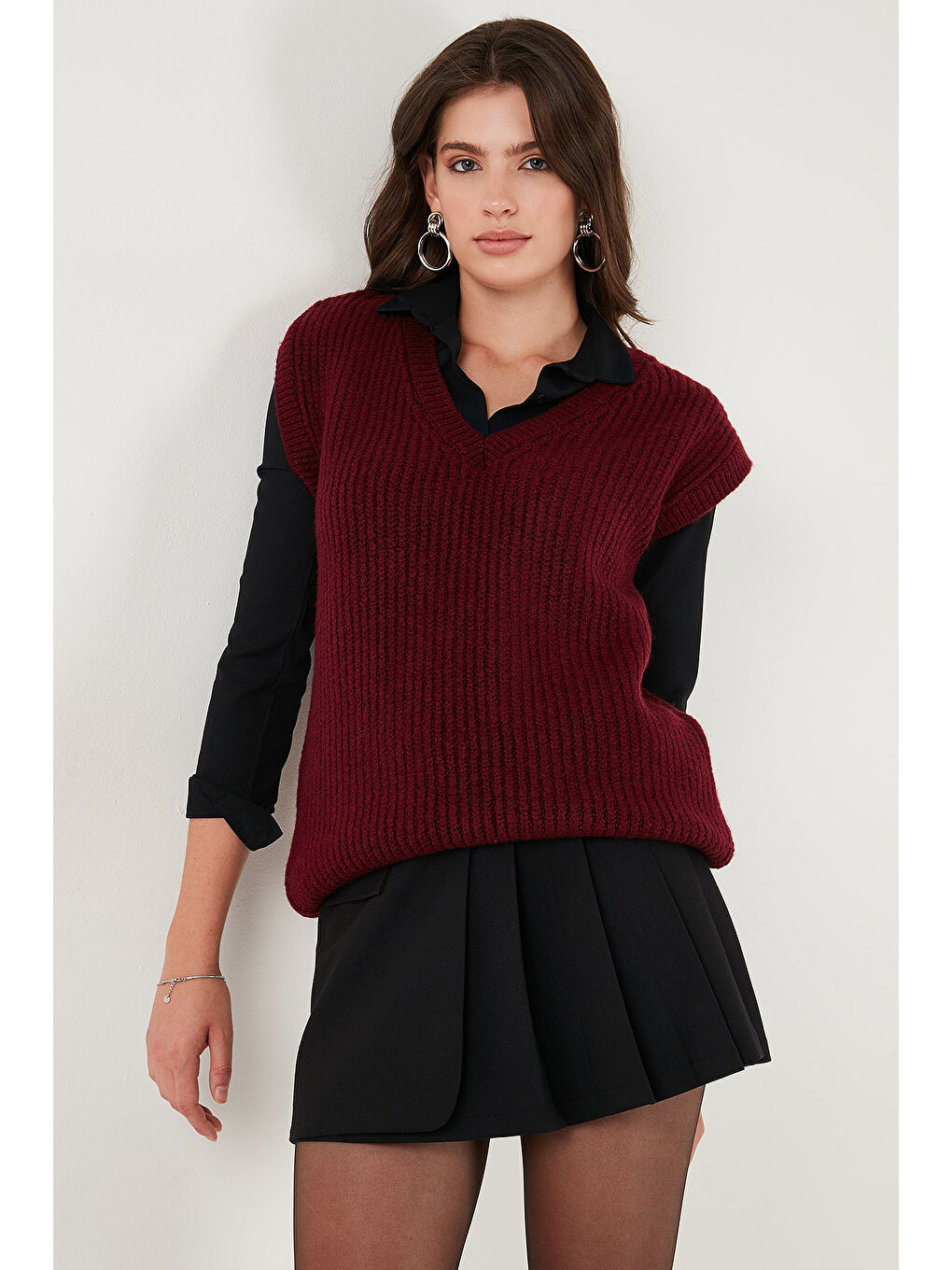 Bordo V Yaka Örme Triko Kadın Süveter 4616105Y-1