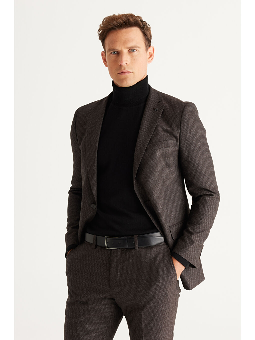 Kahverengi Erkek Kahve-Gri Slim Fit Dar Kesim Mono Yaka Desenli Takım Elbise