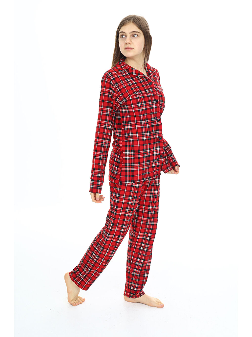 Bordo Kız Çocuk Ekose Pijama Takımı 12164-1