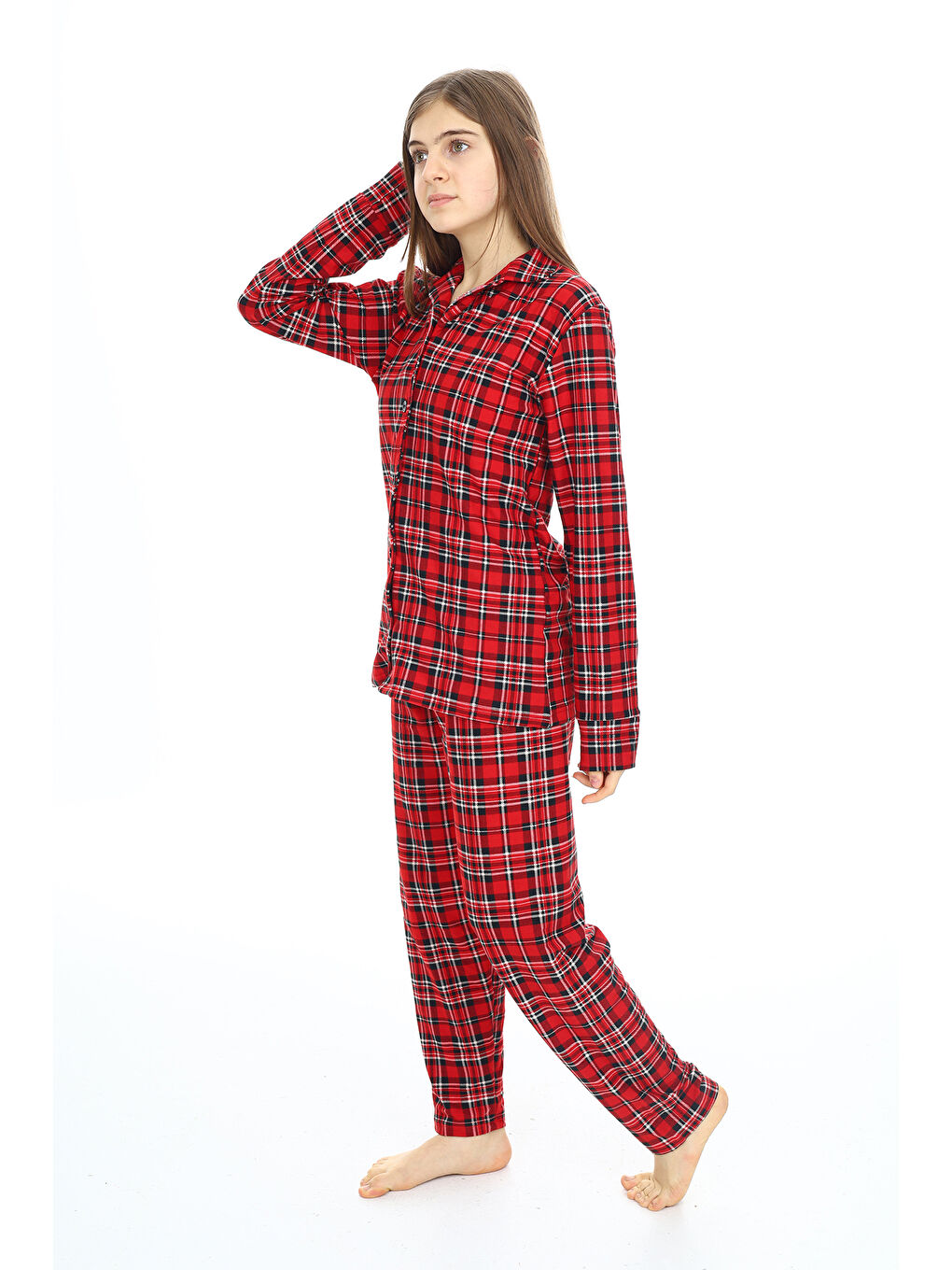 Bordo Kız Çocuk Ekose Pijama Takımı 12164-2