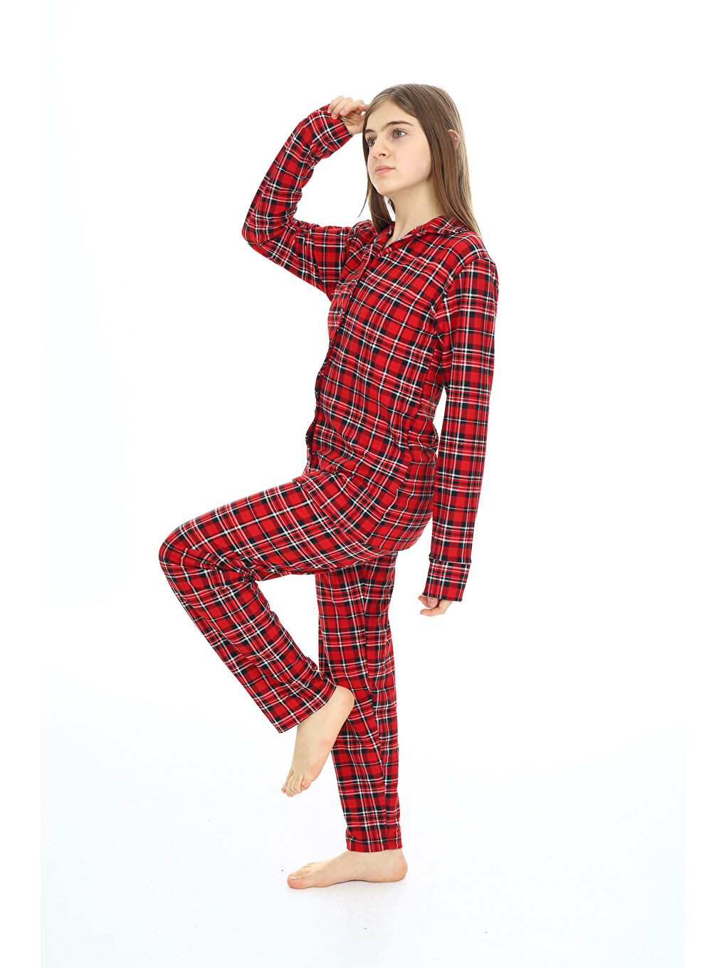 Bordo Kız Çocuk Ekose Pijama Takımı 12164-3