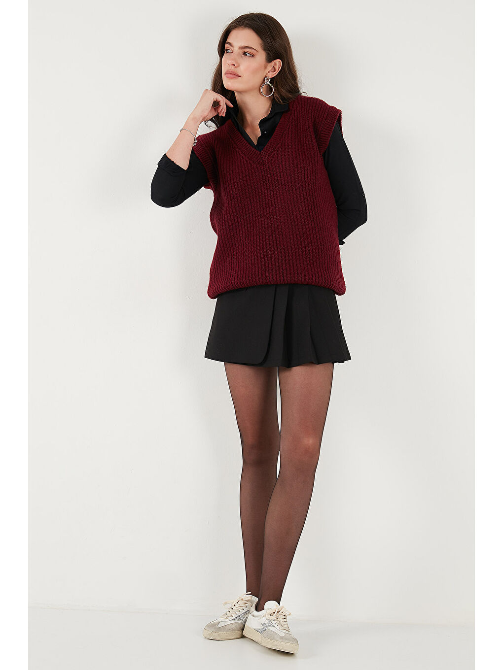 Bordo V Yaka Örme Triko Kadın Süveter 4616105Y-2