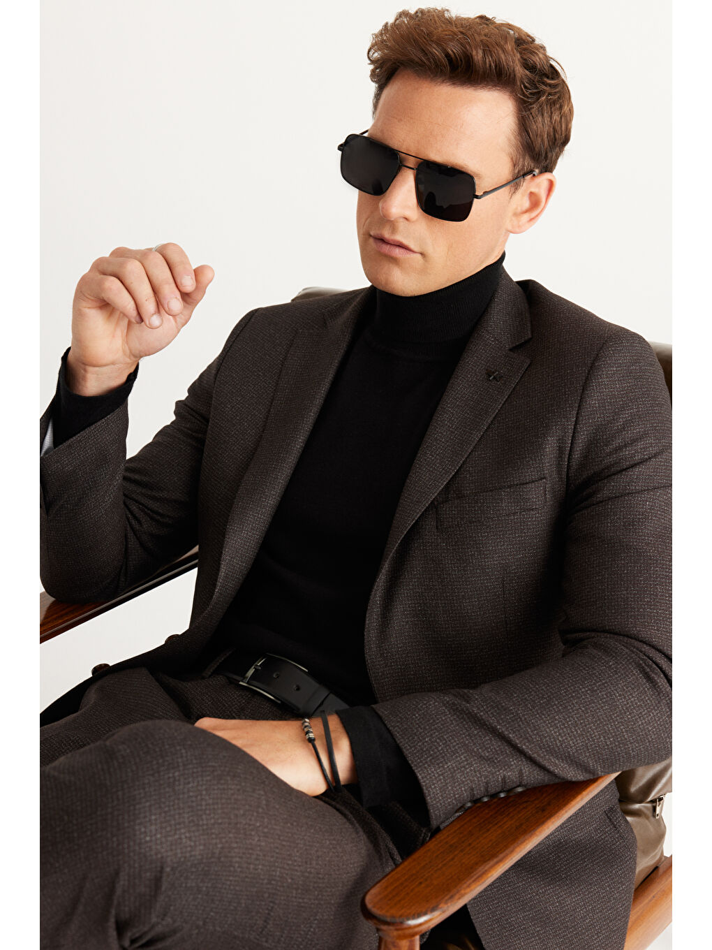 Kahverengi Erkek Kahve-Gri Slim Fit Dar Kesim Mono Yaka Desenli Takım Elbise-2