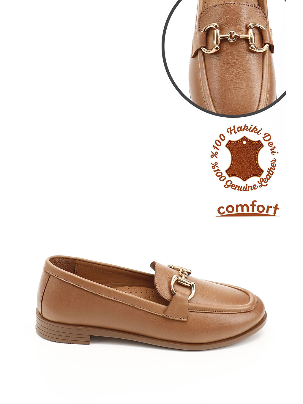 Kahverengi Kadın TABA Tokalı Hakiki Deri Loafer Ayakkabı-2