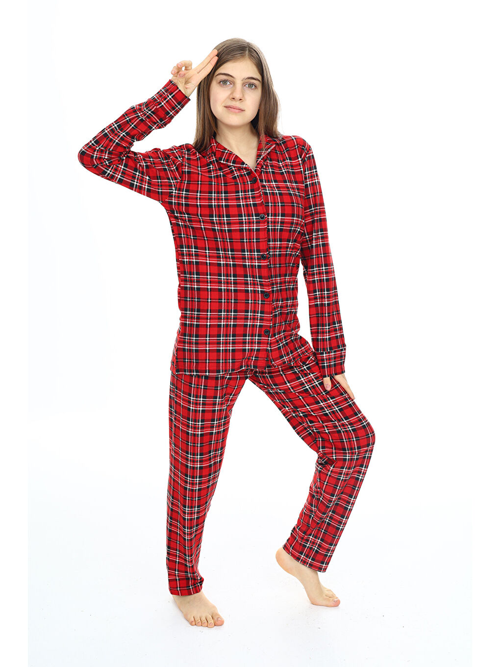 Bordo Kız Çocuk Ekose Pijama Takımı 12164-4