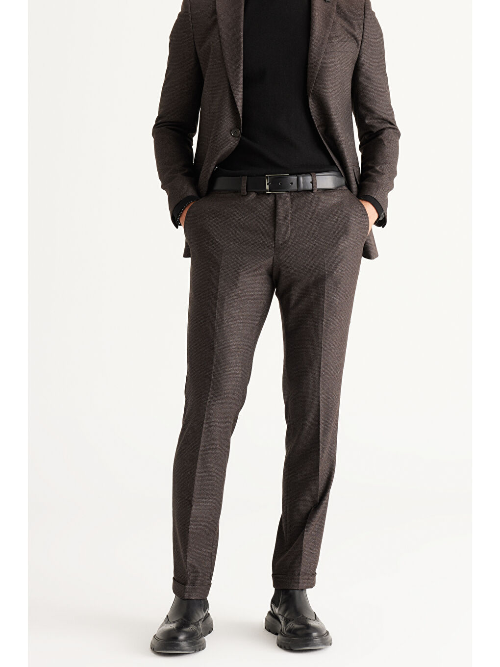 Kahverengi Erkek Kahve-Gri Slim Fit Dar Kesim Mono Yaka Desenli Takım Elbise-3