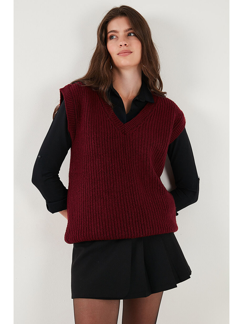 Bordo V Yaka Örme Triko Kadın Süveter 4616105Y-3