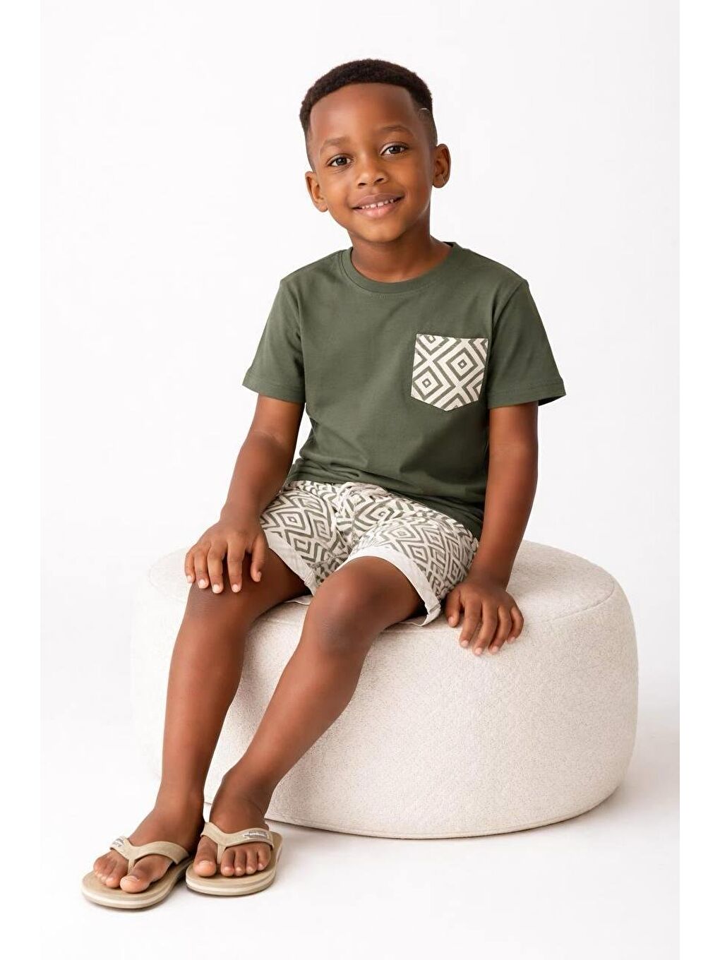 Haki Erkek Çocuk Geometrik Baskılı Şortlu Alt Üst Takım-1
