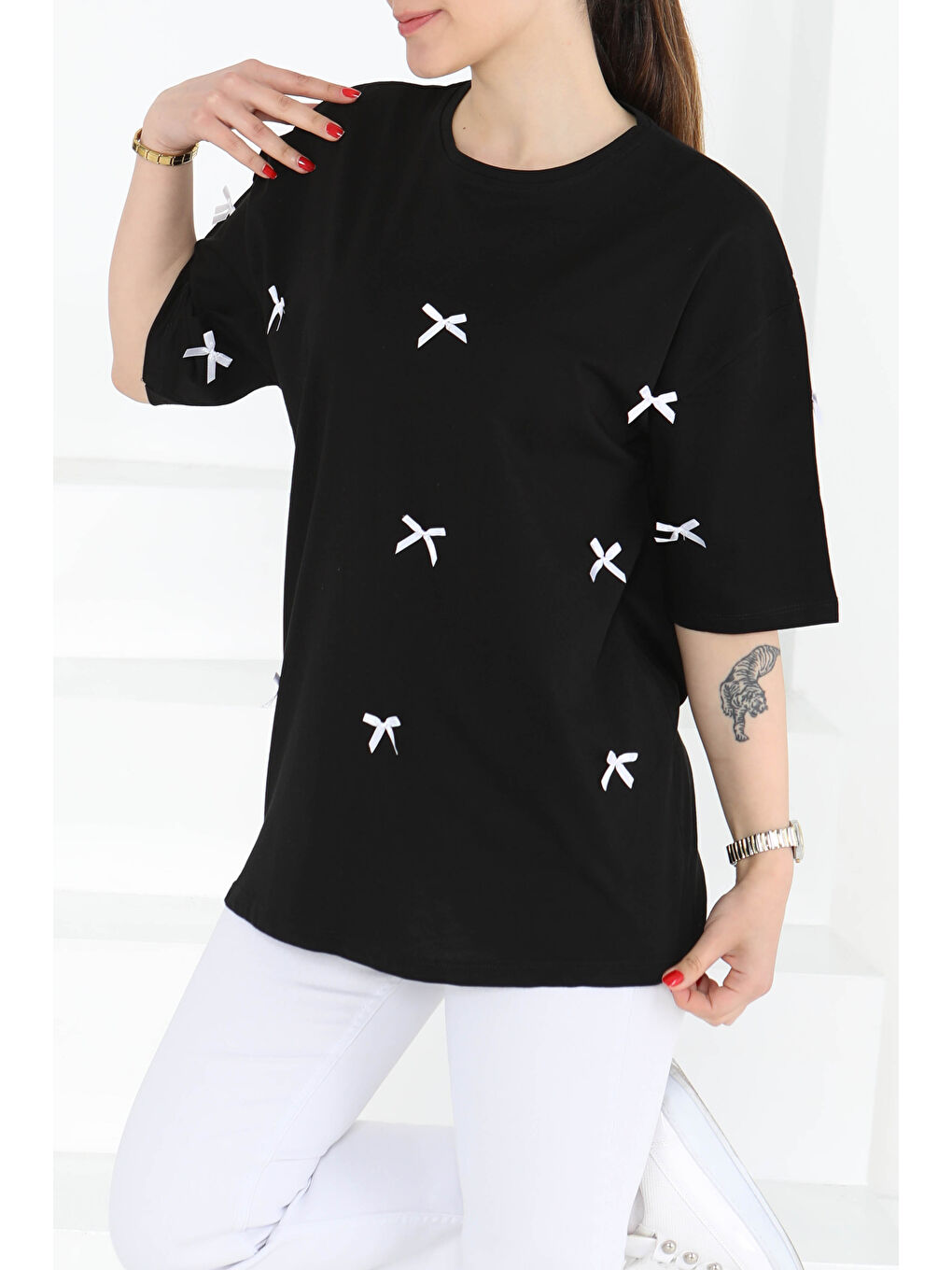 Fiyonklu Kısa Kollu T-Şhirt Siyah - 27127