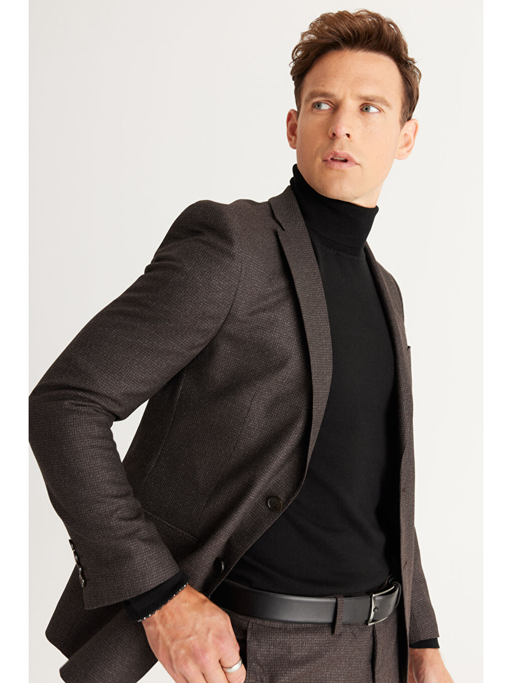 Kahverengi Erkek Kahve-Gri Slim Fit Dar Kesim Mono Yaka Desenli Takım Elbise-4