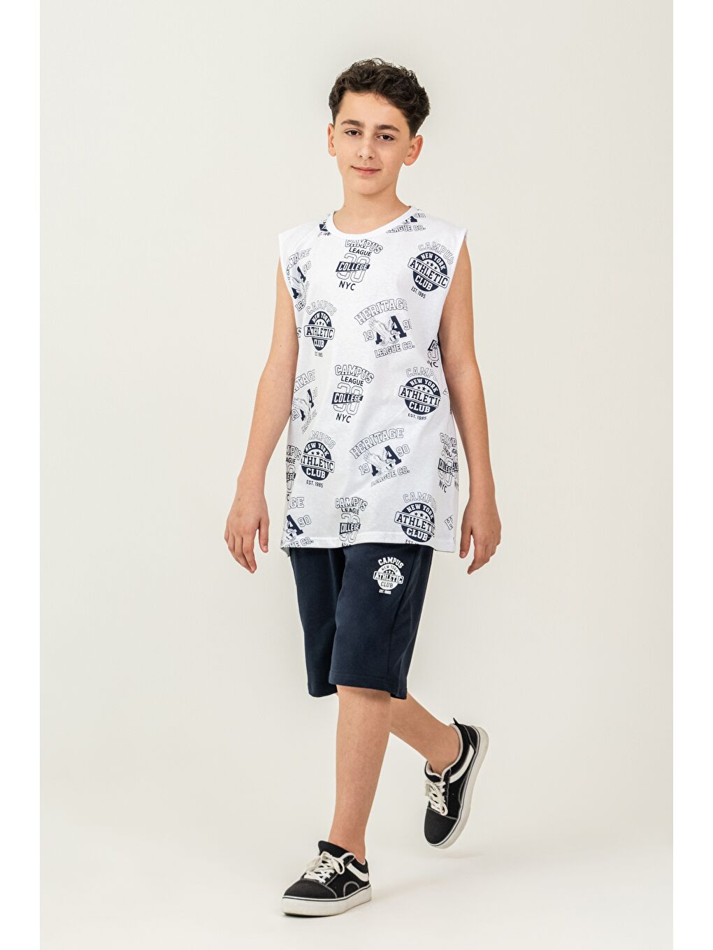 Lacivert Üst Atlet Tüm Alan Baskılı Alt Kapri Sol Bacak Baskılı Erkek Çocuk Şort - Atlet Takımı-1