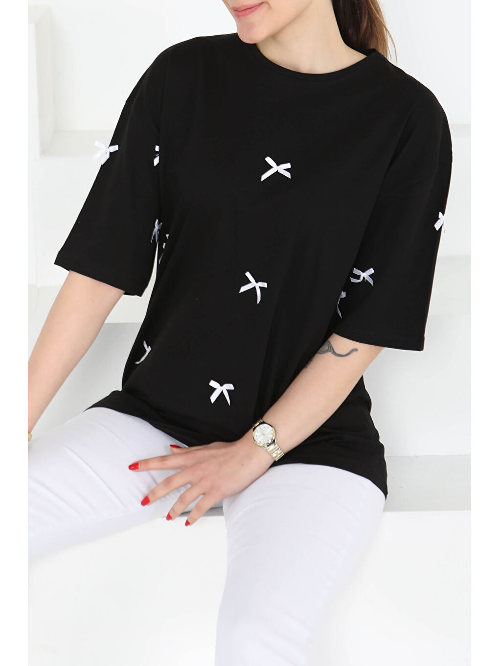 Fiyonklu Kısa Kollu T-Şhirt Siyah - 27127-1