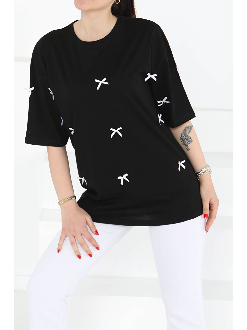 Fiyonklu Kısa Kollu T-Şhirt Siyah - 27127-2