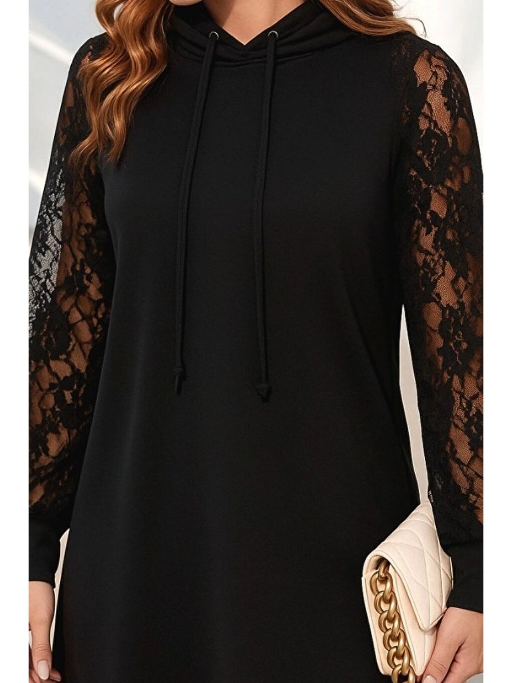 Siyah Kadın Uzun Kollu Kolları Dantel Detaylı Kapüşonlu Bağcıklı Kısa Viskon Iki Iplik Elbise-1