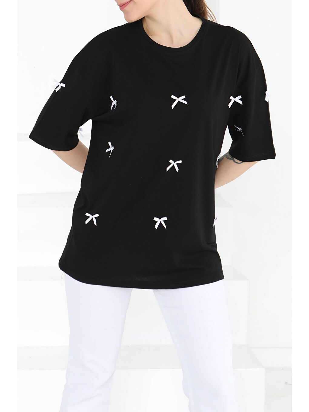 Fiyonklu Kısa Kollu T-Şhirt Siyah - 27127-3