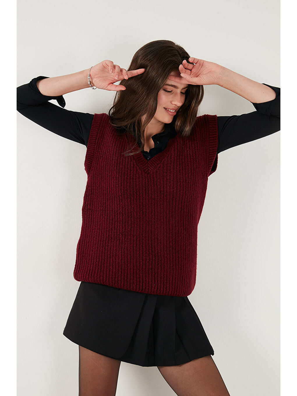 Bordo V Yaka Örme Triko Kadın Süveter 4616105Y-4