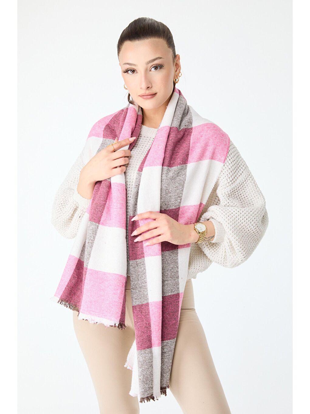 Orta Kadın Beyaz Çift Taraflı Omuz Şalı - 23884-1