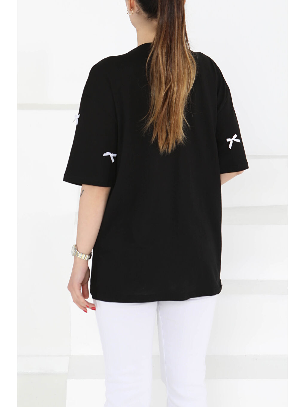 Fiyonklu Kısa Kollu T-Şhirt Siyah - 27127-5