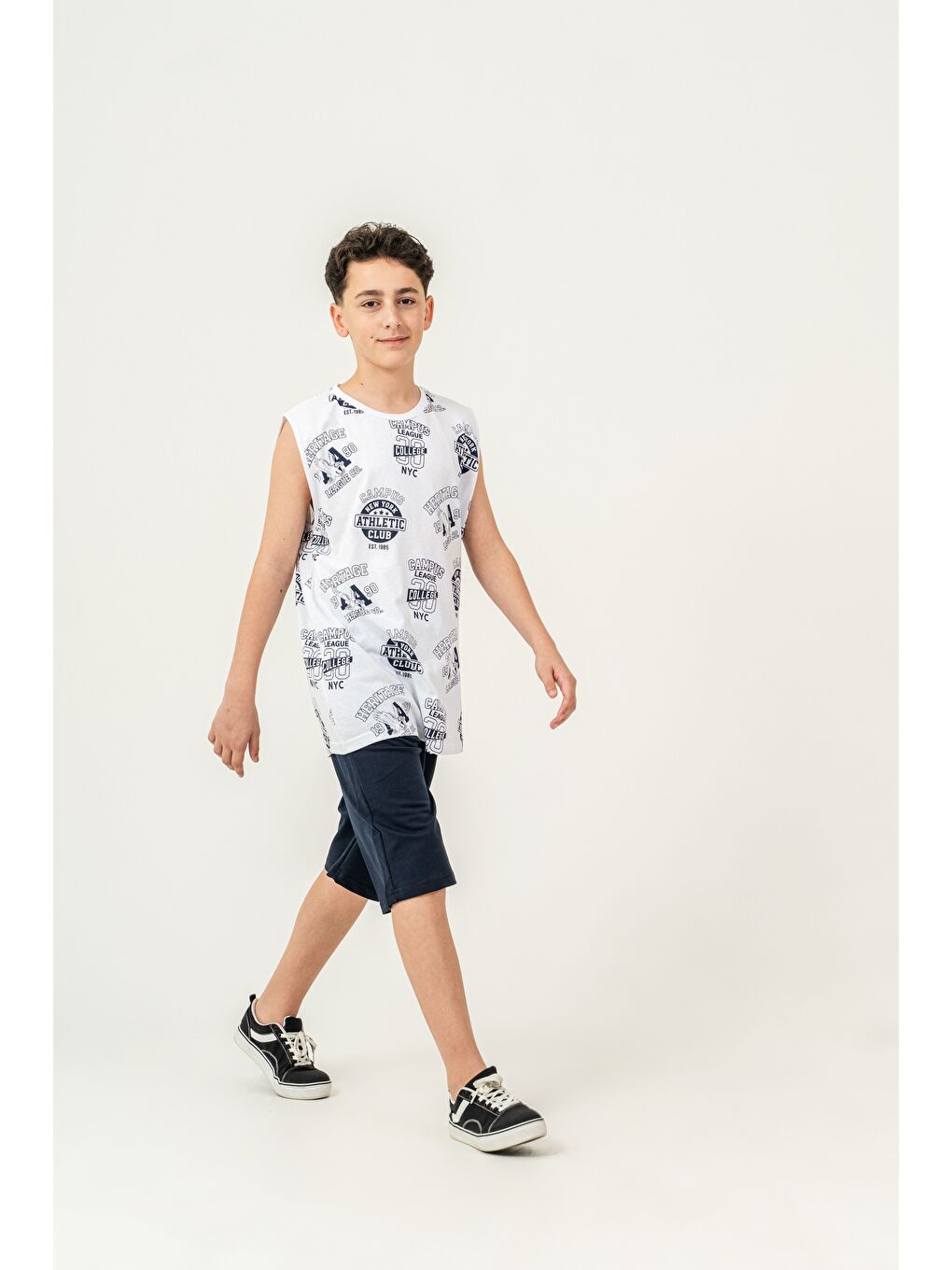 Lacivert Üst Atlet Tüm Alan Baskılı Alt Kapri Sol Bacak Baskılı Erkek Çocuk Şort - Atlet Takımı-2