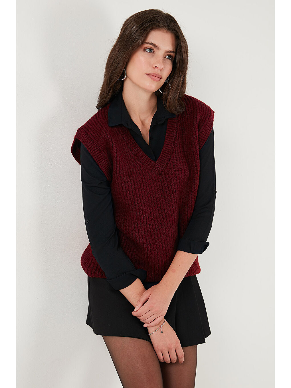 Bordo V Yaka Örme Triko Kadın Süveter 4616105Y-5