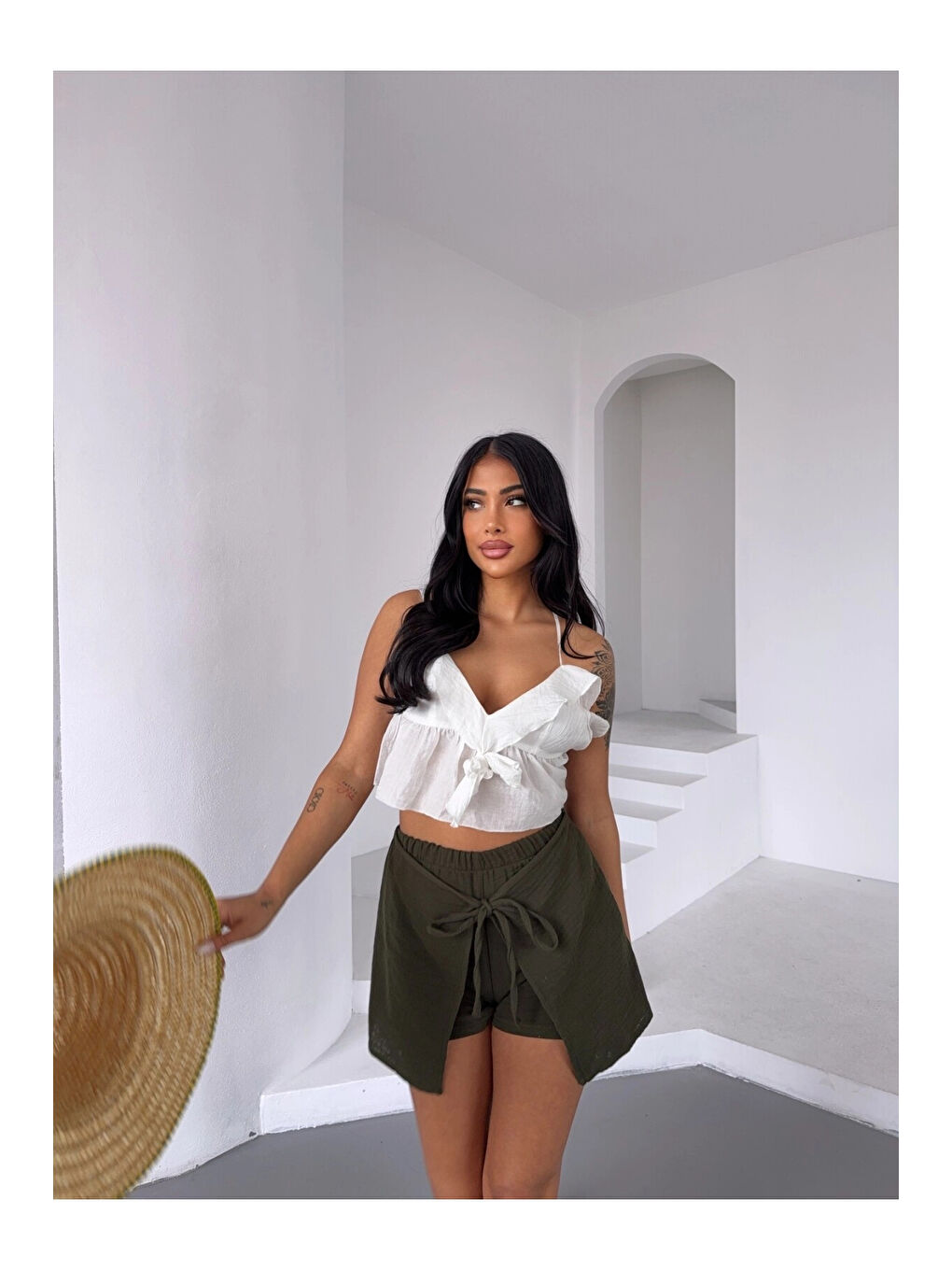 Kadın Haki Bağlama Detay Müslin Şort HZL25S-DSB2323