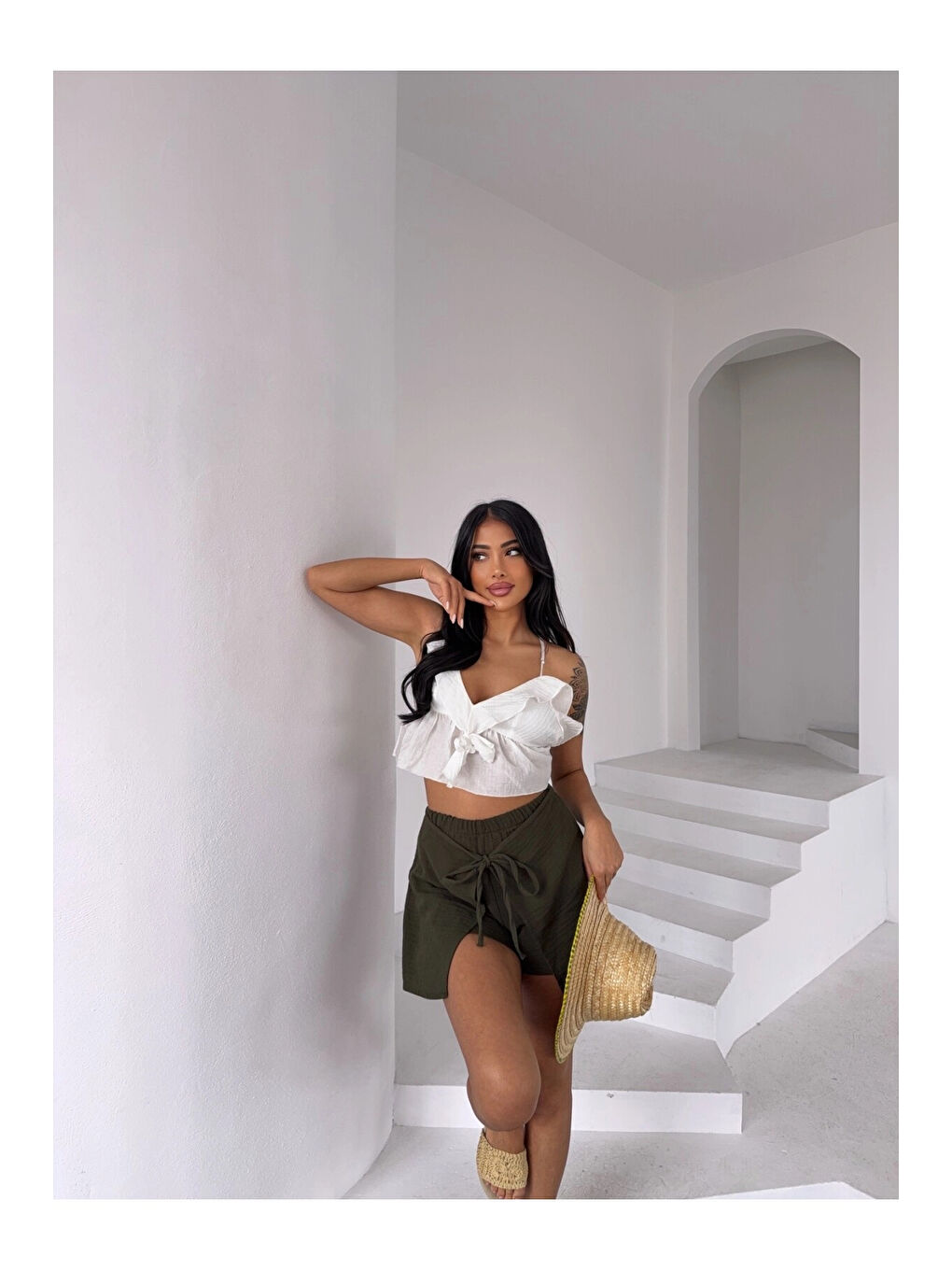 Kadın Haki Bağlama Detay Müslin Şort HZL25S-DSB2323-1