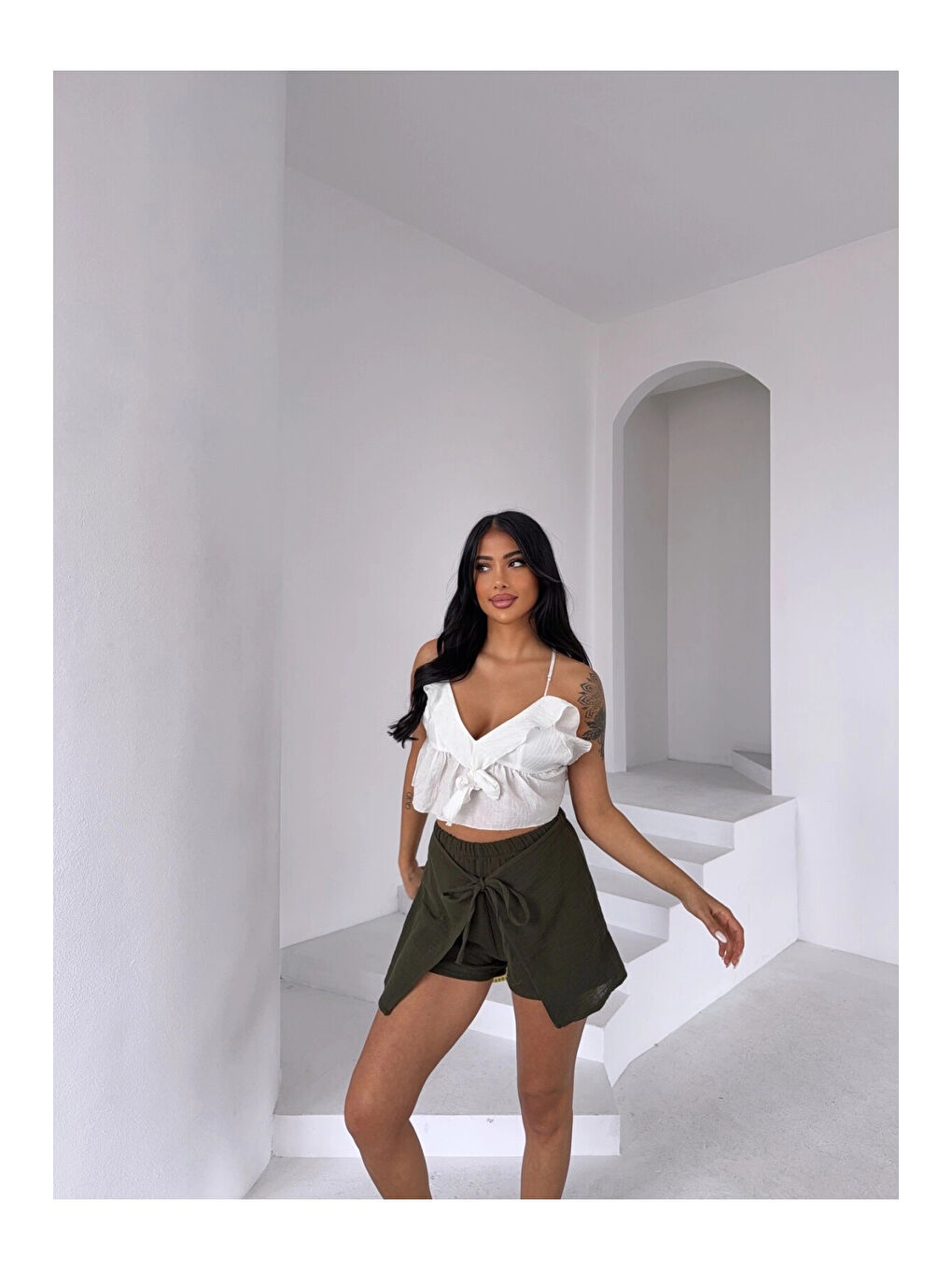 Kadın Haki Bağlama Detay Müslin Şort HZL25S-DSB2323-2