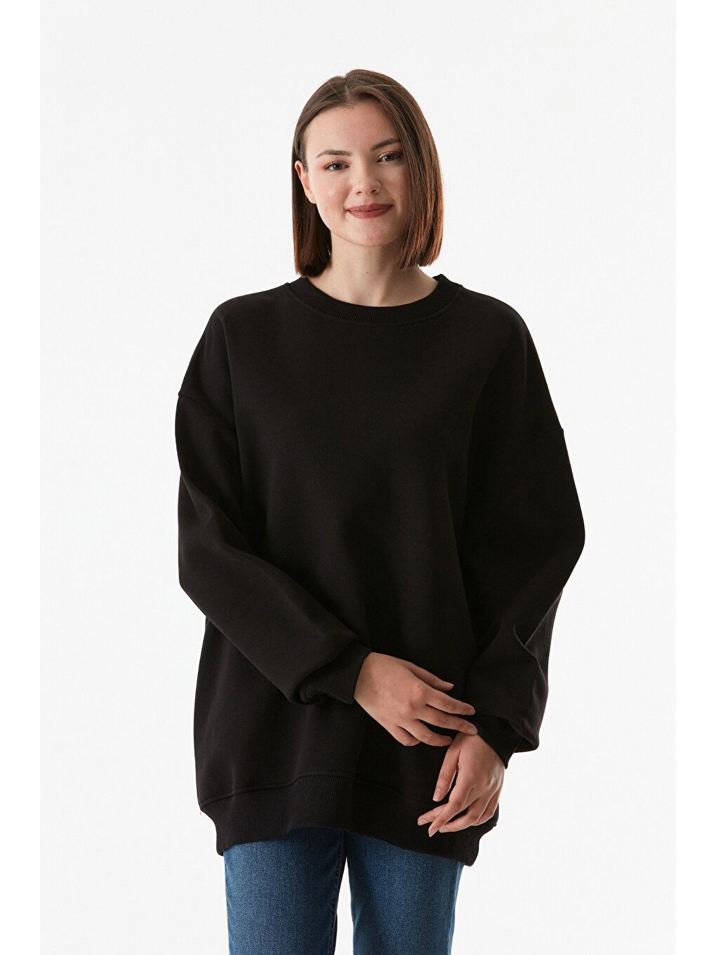 Fullamoda Siyah Çift Kalp Nakışlı Oversize Sweatshirt