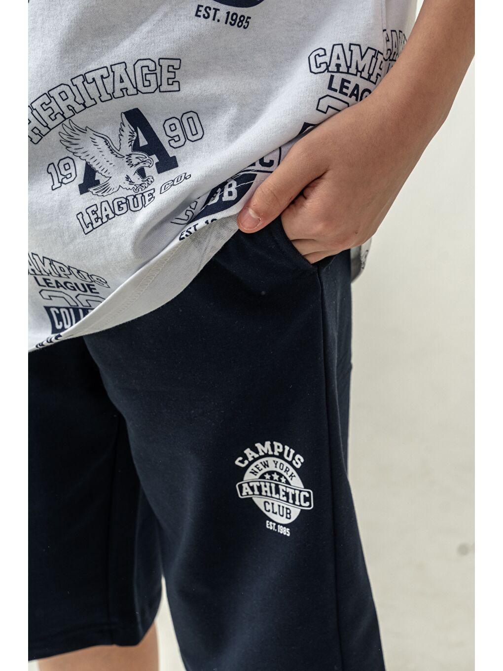 Lacivert Üst Atlet Tüm Alan Baskılı Alt Kapri Sol Bacak Baskılı Erkek Çocuk Şort - Atlet Takımı-4