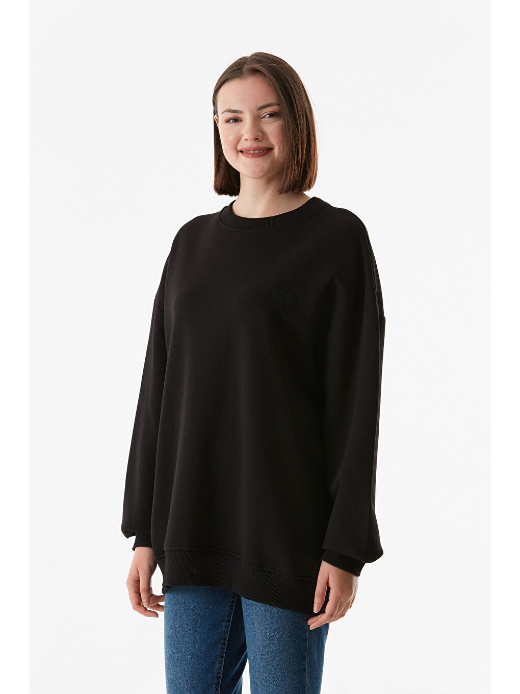 Fullamoda Siyah Çift Kalp Nakışlı Oversize Sweatshirt - 1