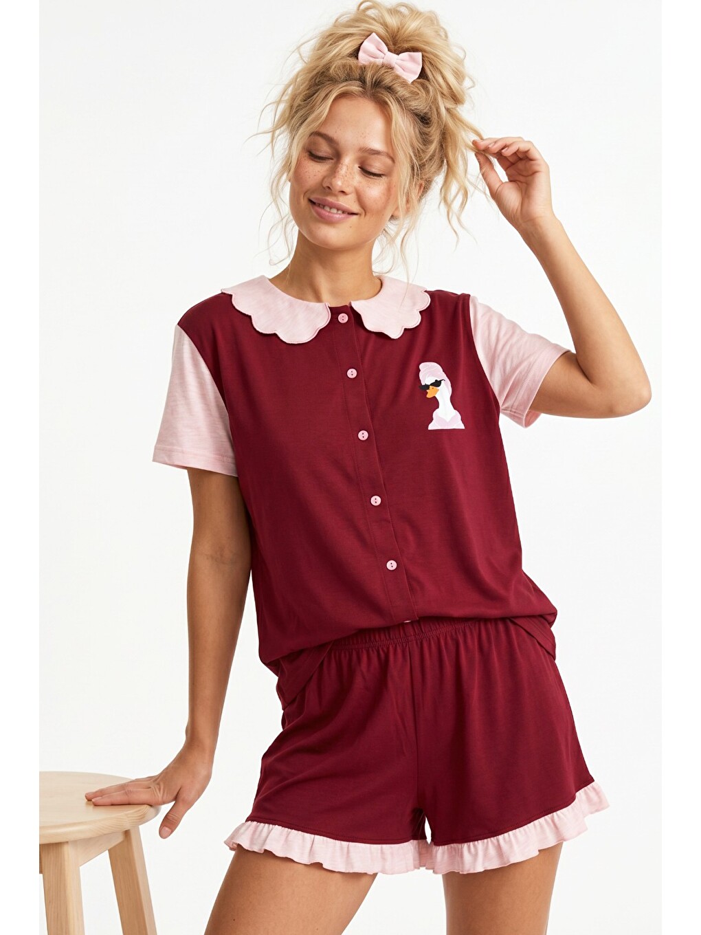 Bordo Yaka Detaylı Baskılı Düğmeli Pamuklu Örme Şortlu Pijama Takımı 8009