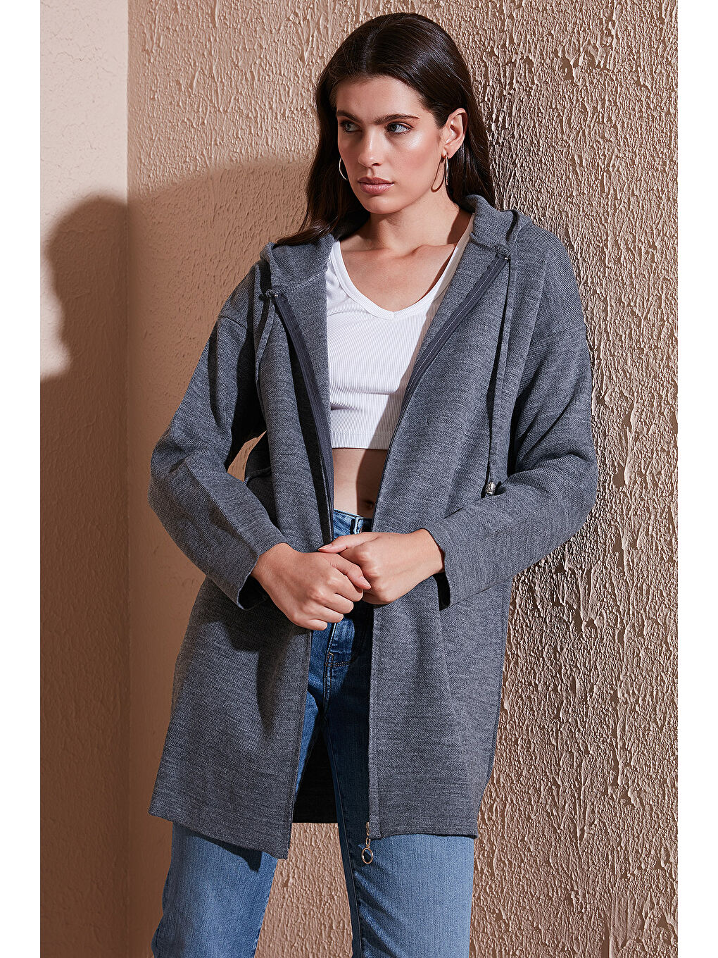 Antrasit Modest Fermuarlı Uzun Triko Kadın Hırka 4616176